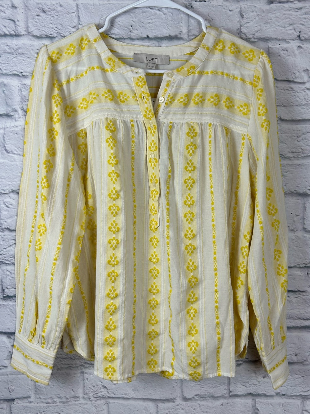 LOFT NWT Yellow Floral Stripe Long Sleeve Peasant Blouse Size Medium